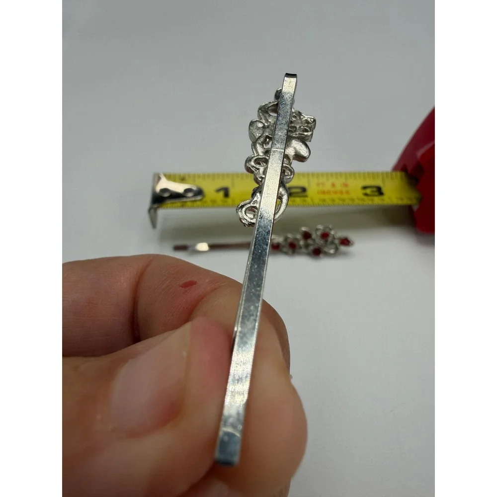 Vintage Style Silver Red Rhinestone Floral Scroll Bobby Pin Hair Clip Set 2pc